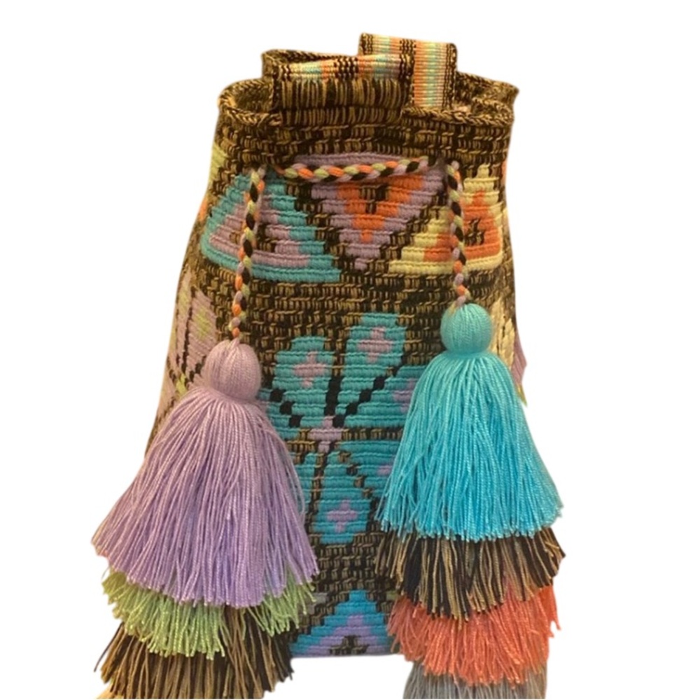 Wayuu Columbian Aztec Woven Bright Colorful Pom Pom Tassel Bucket Tote Bag - Picture 4 of 9